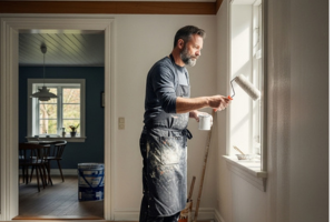 Professionel maler i arbejde med malerrulle