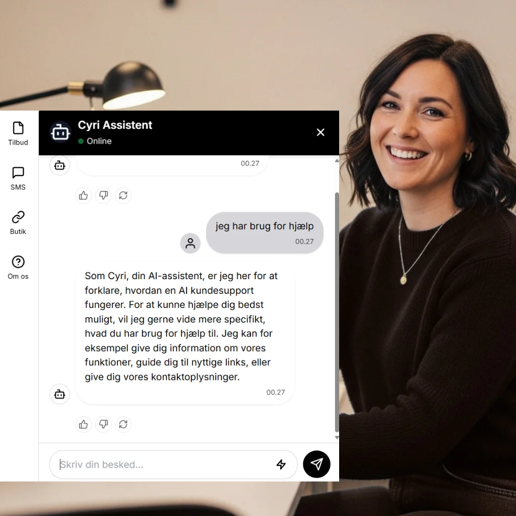 En intelligent, dansk AI-assistent vist på en computerskærm, klar til at yde kundeservice.