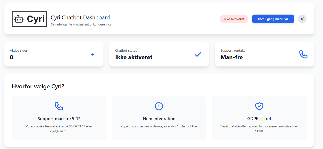 Cyri WordPress plugin dashboard, der viser nem konfiguration af AI chatbot med en unik Cyri kode.
