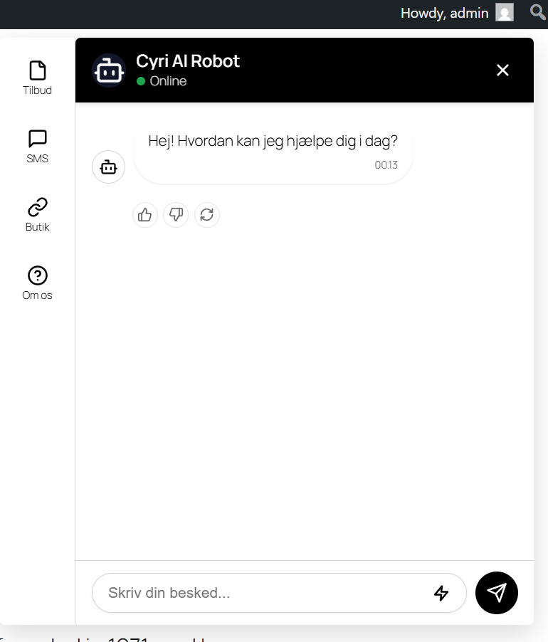 Eksempel på Cyri AI chat-widget, som den ser ud når den er aktiv på en hjemmeside via WordPress plugin'et.